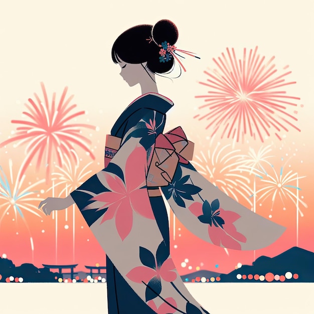 Mulher japonesa de kimono com IA gerativa