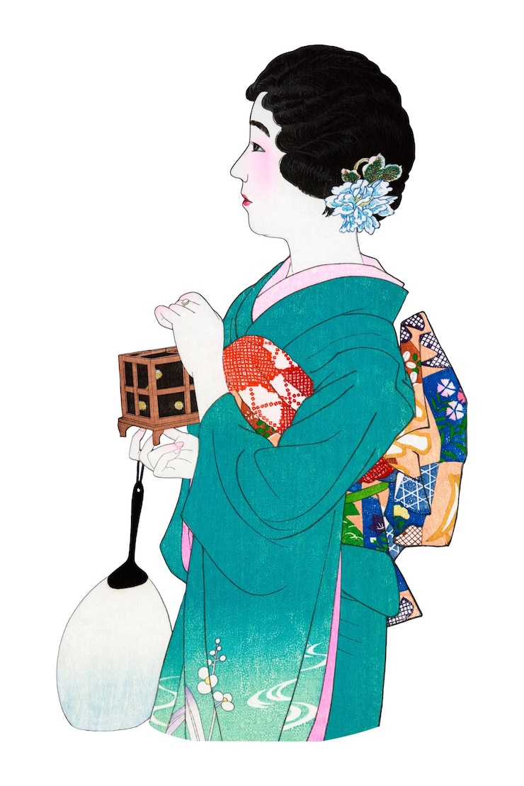 Foto mulher japonesa em png segurando uma gaiola de vaga-lumes em fundo transparente remastered by rawpixel