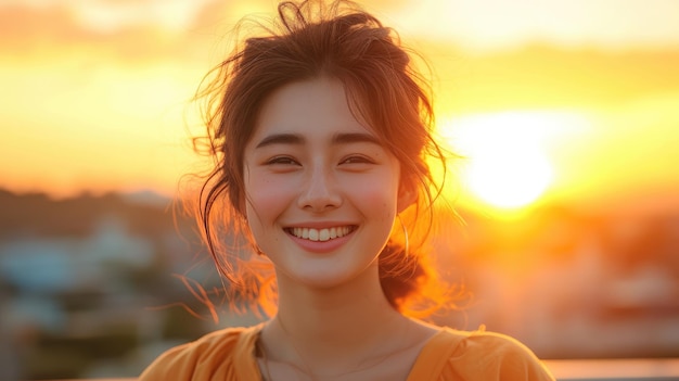 Mulher japonesa sorrindo como uma modelo de moda bonita e jovem com um pôr-do-sol no fundo