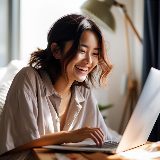 Foto mulher japonesa trabalhando com laptop