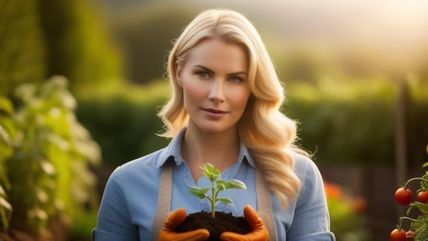 Foto mulher jardinagem replantando plantas fazenda estufa plantando uma mudas colhendo manjericão e toma