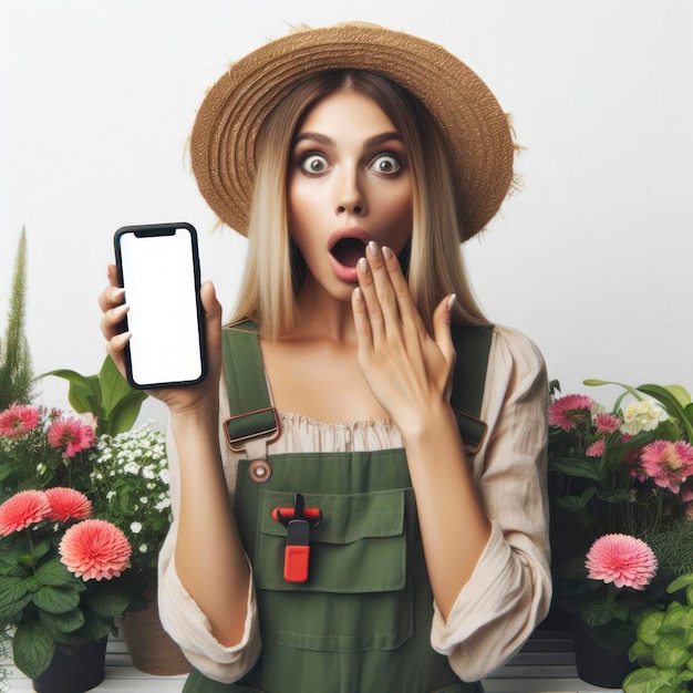 Mulher jardineira chocada segurando um smartphone com uma tela de maquete branca em fundo branco