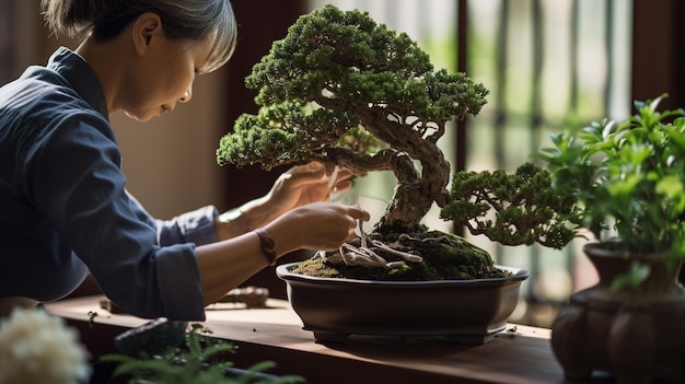 Mulher jardineira cuidando de uma árvore bonsai