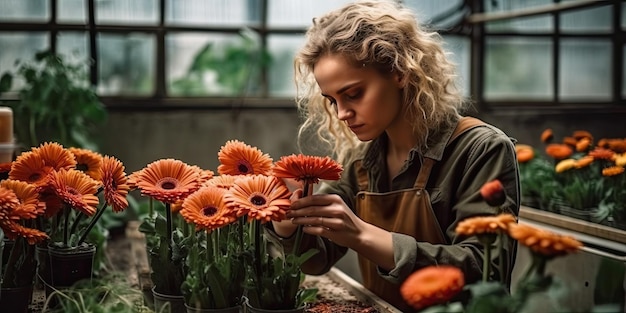 Mulher jardineira em estufa cultiva e cuida de flores de gerbera IA generativa