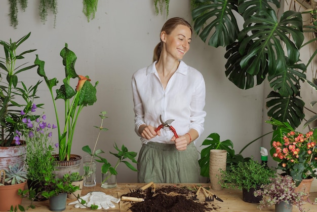 Mulher jardineira envasando uma nova planta e Repotting pot para o conceito de cuidado de plantas de plantas de casa