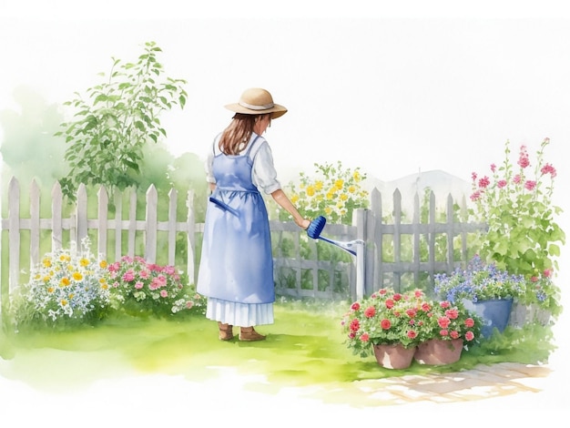 Foto mulher jardineira regando flores no jardim