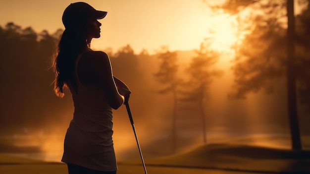 Mulher jogadora de golfe em silhueta desfrutando de um lindo pôr-do-sol IA generativa