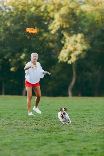 Mulher jogando o disco voador laranja para o pequeno cachorro engraçado, que pegá-lo na grama verde. pequeno animal de estimação jack russel terrier brincando ao ar livre no parque. cão e dono ao ar livre.