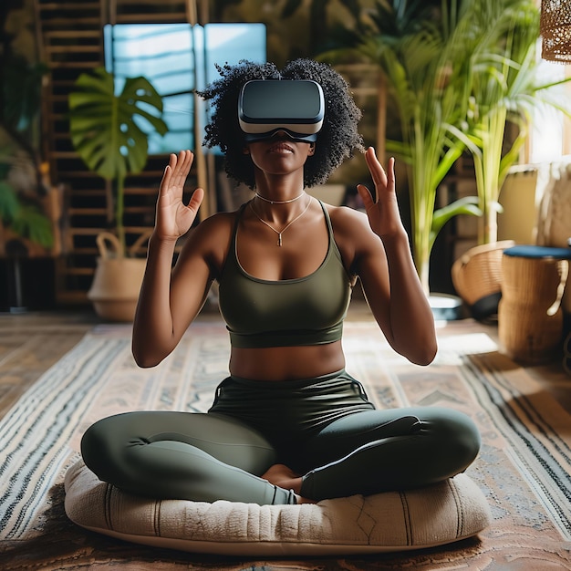 Foto mulher jogando realidade virtual sentada dentro de casa