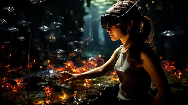 Foto mulher jogando uma realidade virtual misturando tradição com modernidade