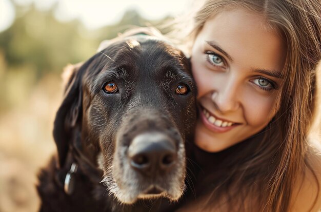 Mulher jovem a abraçar um labrador preto.