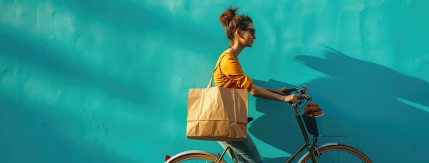 Mulher jovem a andar de bicicleta com saco de compras ao pôr-do-sol