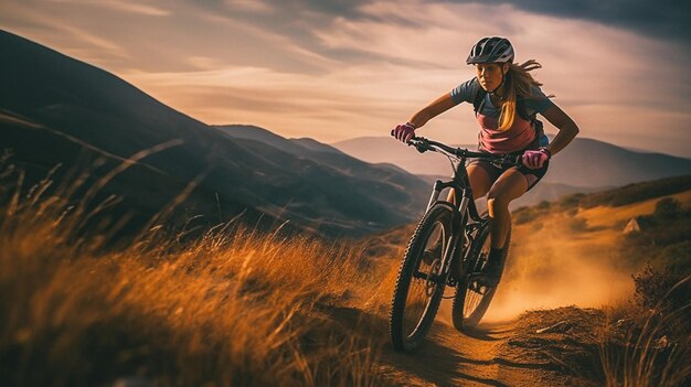 Mulher jovem a andar de bicicleta numa trilha de montanha