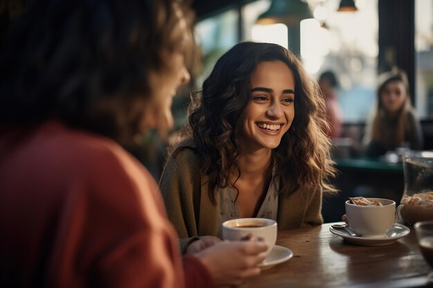 Mulher jovem a beber café com uma amiga num restaurante.