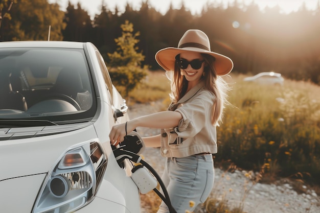 Mulher jovem a carregar um carro elétrico