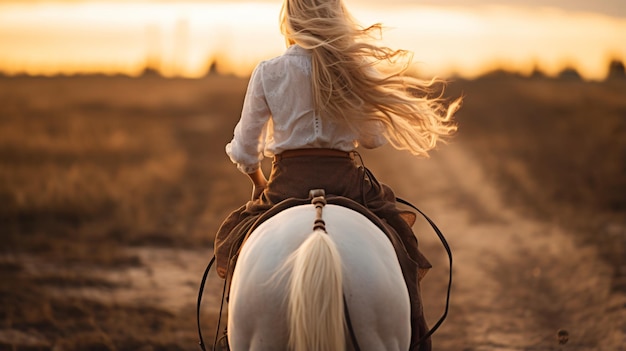 Foto mulher jovem a cavalo.