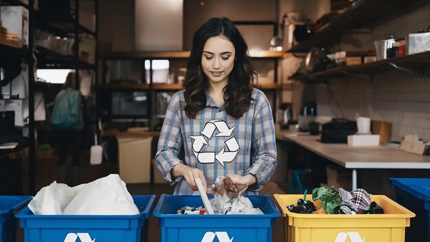 Mulher jovem a classificar o lixo conceito de reciclagem zero resíduos