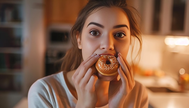 Foto mulher jovem a comer donuts na cozinha à noite. mau hábito.