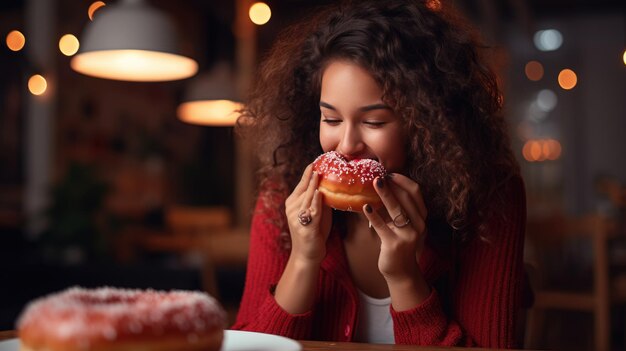 Foto mulher jovem a comer um donut.