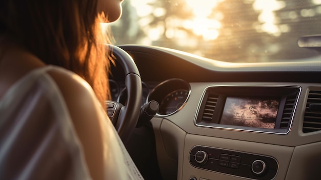 Foto mulher jovem a conduzir um carro ao pôr-do-sol