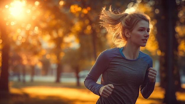 Mulher jovem a correr no parque ao pôr-do-sol Estilo de vida saudável