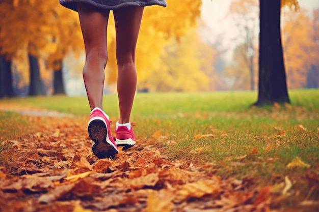 Mulher jovem a correr no parque de outono Conceito de desporto e estilo de vida saudável