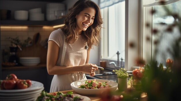 Foto mulher jovem a cozinhar na cozinha.