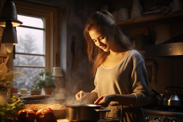 Mulher jovem a cozinhar na cozinha.