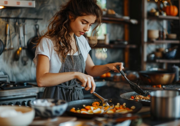 Foto mulher jovem a cozinhar na cozinha.