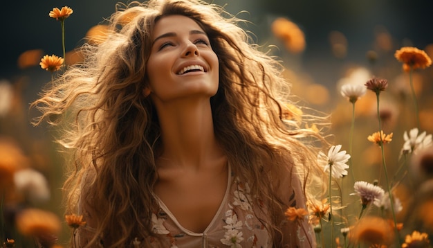 Mulher jovem a desfrutar do ar livre a sorrir com uma felicidade despreocupada gerada pela IA.