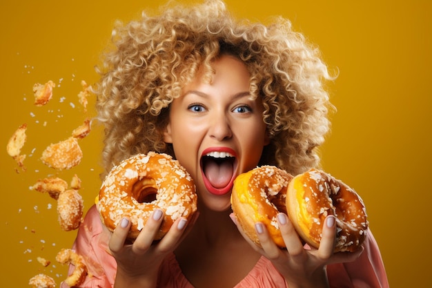 Mulher jovem a desfrutar enquanto come donuts com amigos