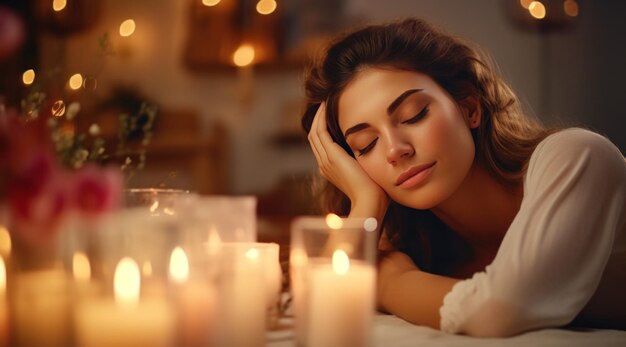 Mulher jovem a dormir com uma vela na mesa.