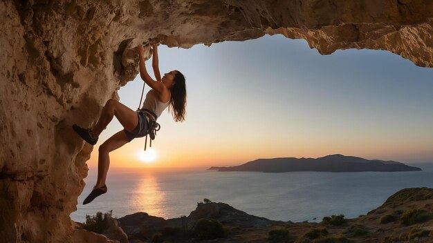 Foto mulher jovem a escalar uma rota desafiadora numa caverna ao pôr-do-sol na ilha de kalymnos, na grécia