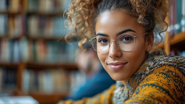 Foto mulher jovem a estudar com um tutor na biblioteca da faculdade.