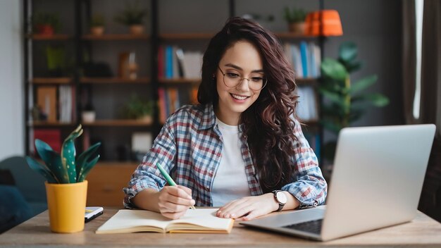 Mulher jovem a estudar em casa durante cursos em linha ou informações gratuitas fazendo anotações por si mesma