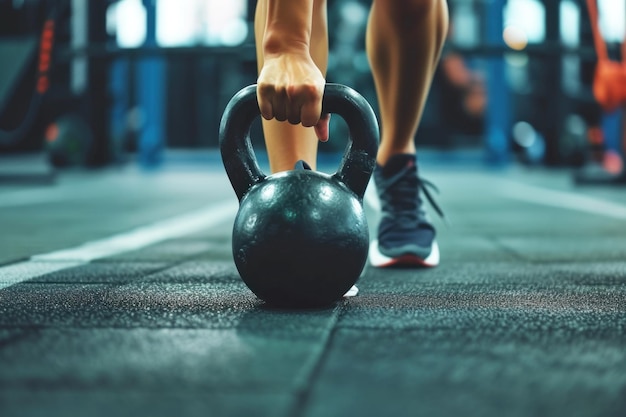 Mulher jovem a exercitar-se com kettlebells no ginásio