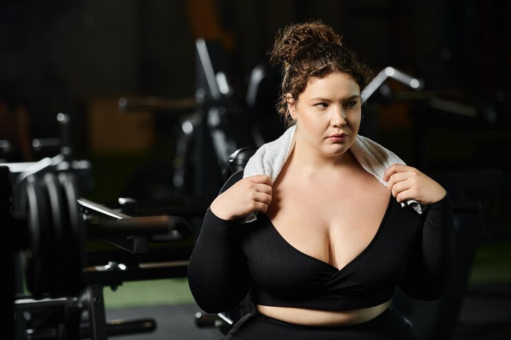 Foto mulher jovem a exercitar-se em roupa ativa no ginásio a abraçar a positividade do seu corpo