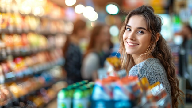 Foto mulher jovem a fazer compras na mercearia.