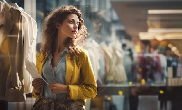 Mulher jovem a fazer compras no centro comercial.