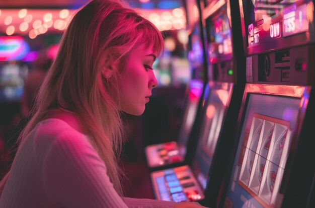 Foto mulher jovem a jogar às slot machines.