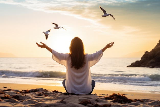 Foto mulher jovem a meditar na praia e gaivotas a voar