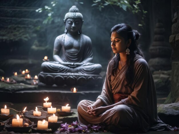 Foto mulher jovem a meditar no templo mulher nova a meditar no templo