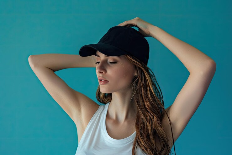 Foto mulher jovem a pôr o boné.