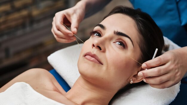 Foto mulher jovem a receber tratamento de acupuntura