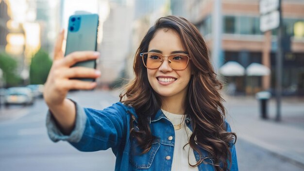 Foto mulher jovem a tirar uma selfie.