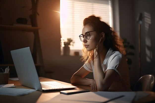 Foto mulher jovem a trabalhar no computador num escritório em casa lugar de trabalho de um freelancer a trabalhar à distância