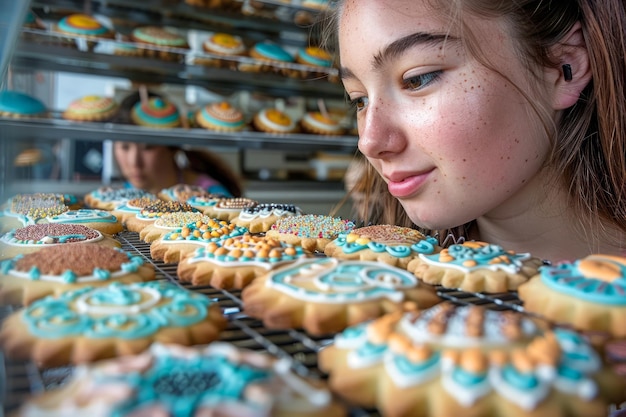 Mulher jovem admirando biscoitos decorativos recém-cozidos na prateleira de refrigeração da padaria