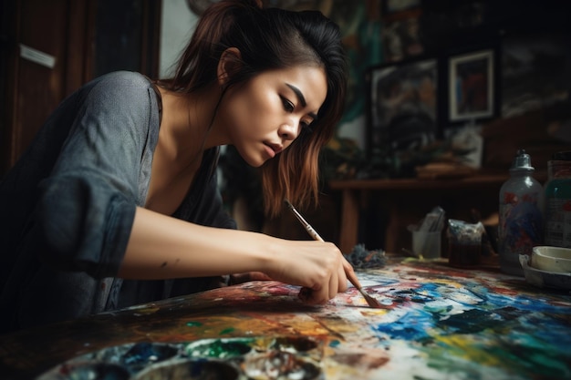 Mulher jovem adulta asiática pintando avental de artista de porta de fora desenhando imagem Generativa AI AIG23