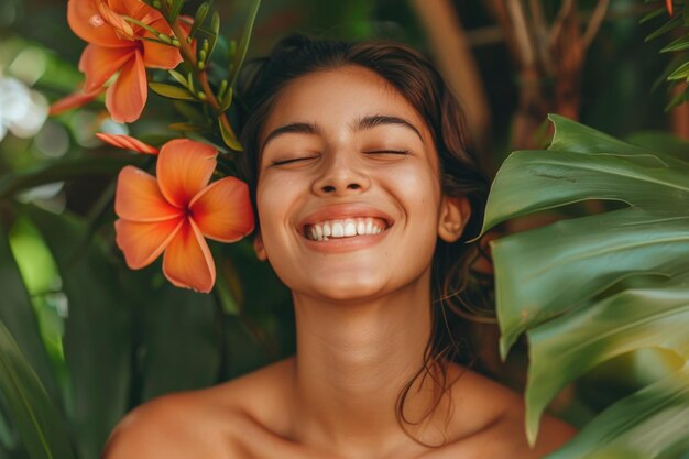 Foto mulher jovem alegre com pele lisa em um cenário exótico