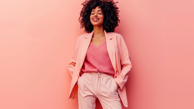 Mulher jovem alegre com penteado afro vestindo um traje rosa elegante posando em fundo rosa